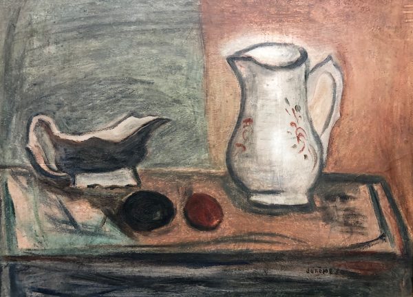 1950 :  Nature morte saucière- fruits et vase sur table (43,2 x 59,8 cm : Huile sur masonite)