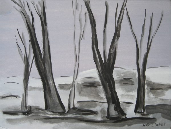 1987 Paysage : Les arbres noires   (23,2 x 30,5 cm  : Acrylique sur carton)