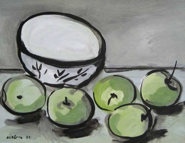 1987 Nature morte : Bol et pommes vertes   (20,3 x 25,4 cm : Acrylique sur carton)