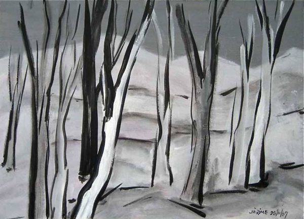 1987 Paysage : Les arbres blancs   (23,2 x 30,5 cm  : Acrylique sur carton)