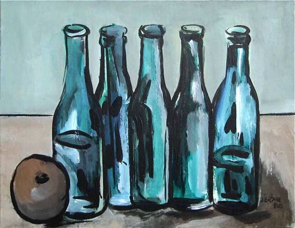 1988 Nature morte : Les bouteilles vertes et fruits   (20,3 x 25,4 cm : Acrylique sur carton)