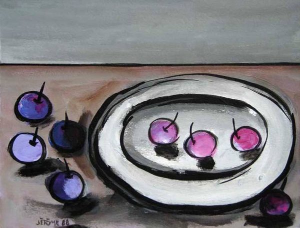 1988 Nature morte : Plat et cerises   (20,3 x 25,4 cm : Acrylique sur carton)