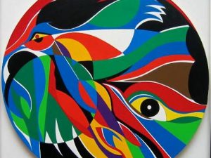 1993 : Oiseau de vie (35,6 cm diamêtre : Acrylique sur carton) 1993 : Oiseau de vie (35,6 cm diamêtre : Acrylique sur carton)