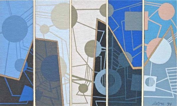 1974 : Palais des temps   ( Maquette pour tableau commandé par le Musée d'Art Contemporain de Montréal, 15,2 x 25,5 cm / 5 volets de 15,2 x 5,1 cm : Acrylique sur masonite)