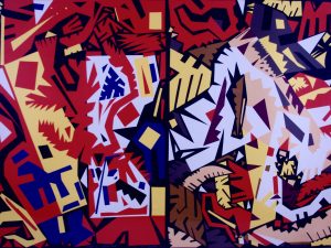 2000 : La terre dorée-Chant du moyen-âge (2 collages de 101,6 x 81,2 cm ( total 101,6 x 162,4 cm) : Découpage collage)