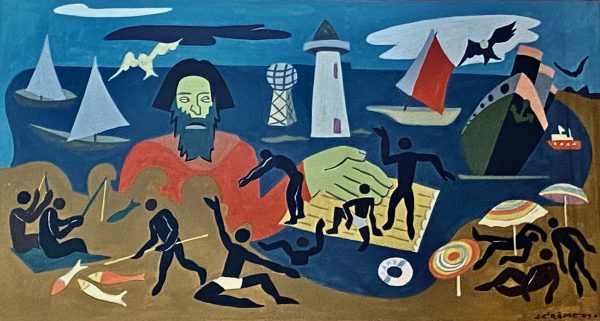 1949 : La mer-Décor-Classe pour enfants ( circa 15 x 30 cm : huile sur masonite )